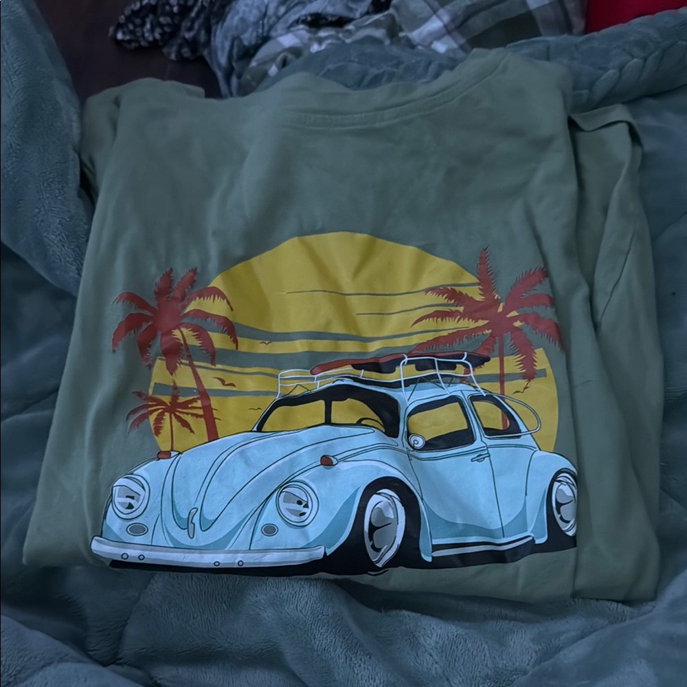 Green T-Shirt with Vintage Car and Palm Trees